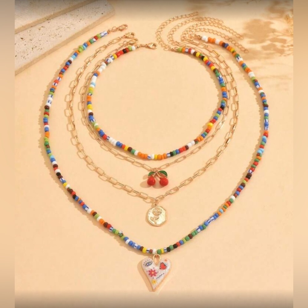 ✨NEW Colorful Cherry Beaded Necklace Set with Gold Accents - Picture 2 of 4